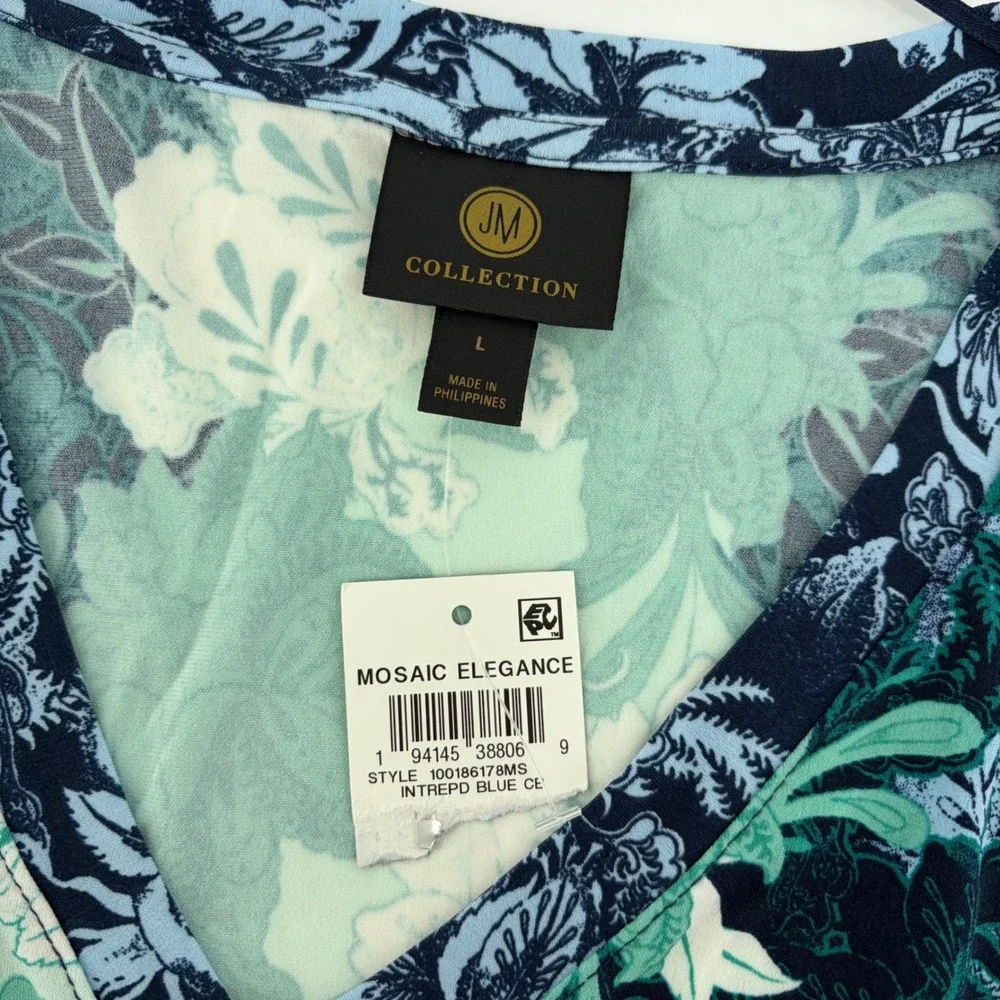 JM Collection Womens L‎ Blue Floral Mosaic Top Split Sleeve V-Neck Blouse NEW